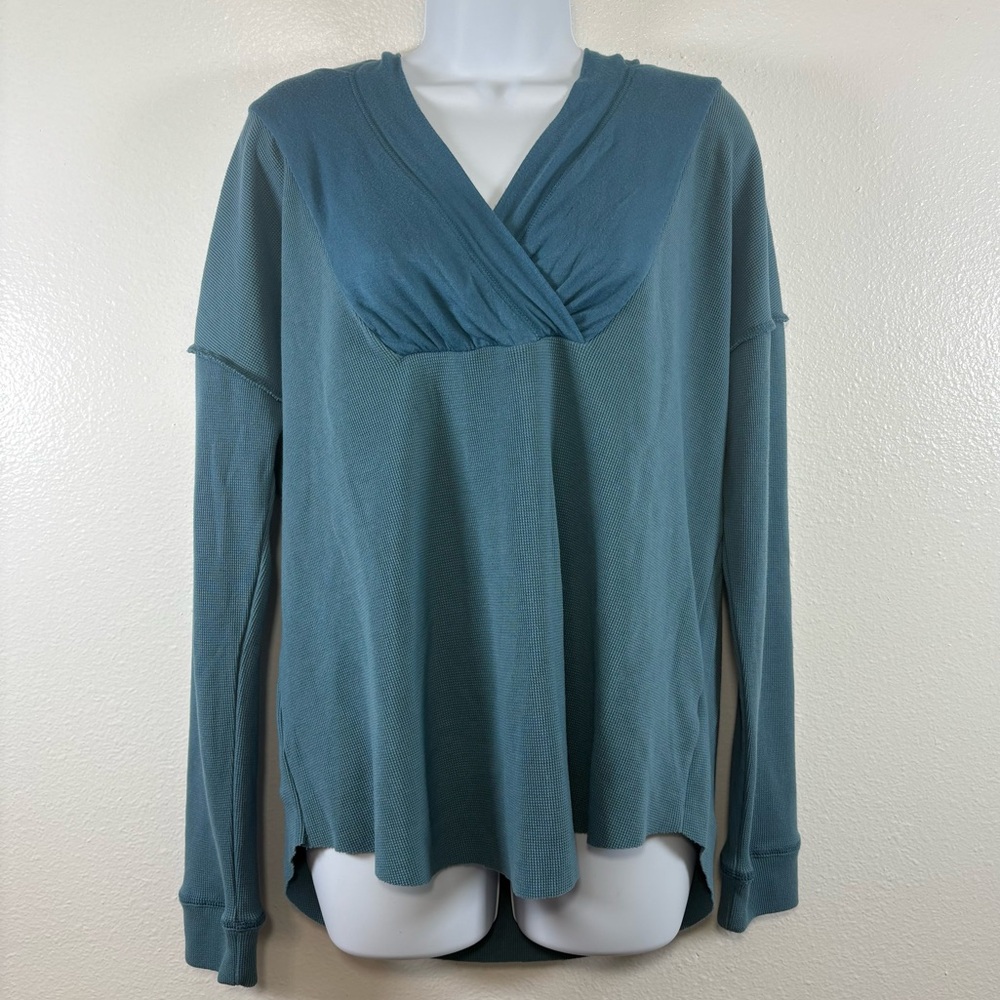 Heyson Teal Hooded Waffle Knit Wrap Neck Long Sleeve Top M